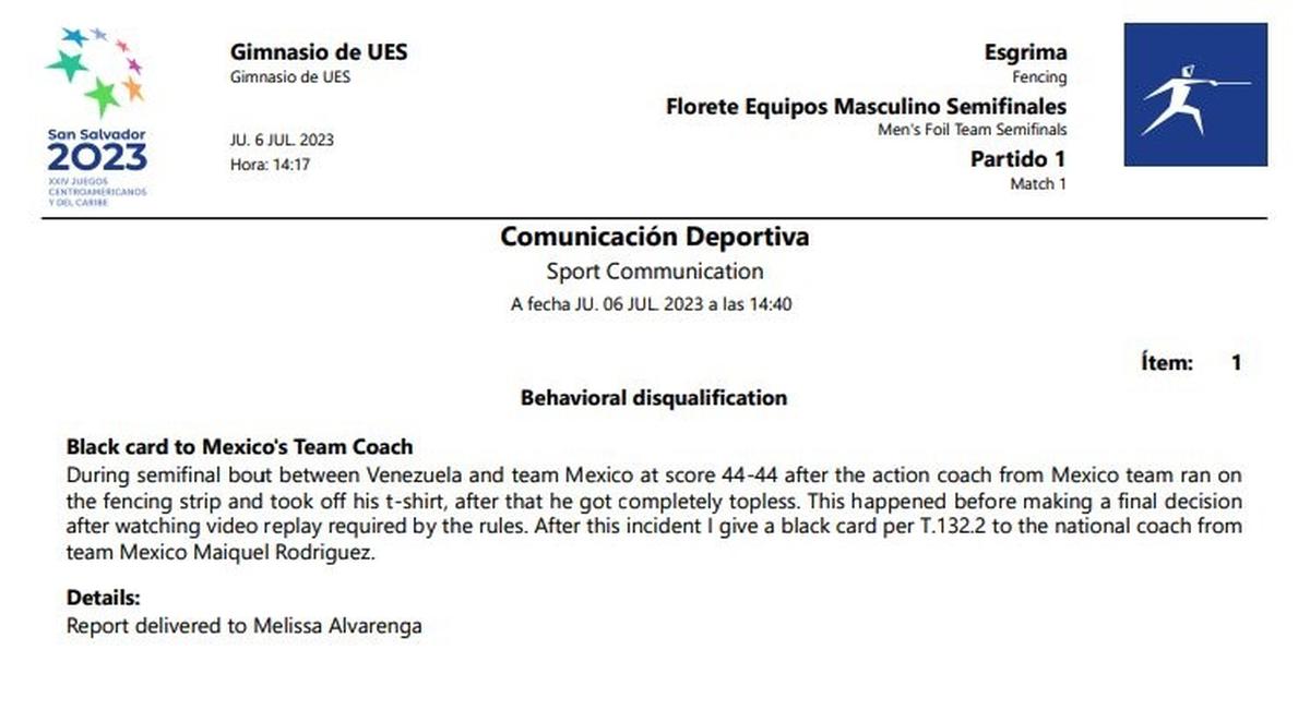Selección Mexicana | Este es el comunicado donde expulsan al equipo mexicano de esgrima por comportamiento indebido de un entrenador. | Foto: Especial