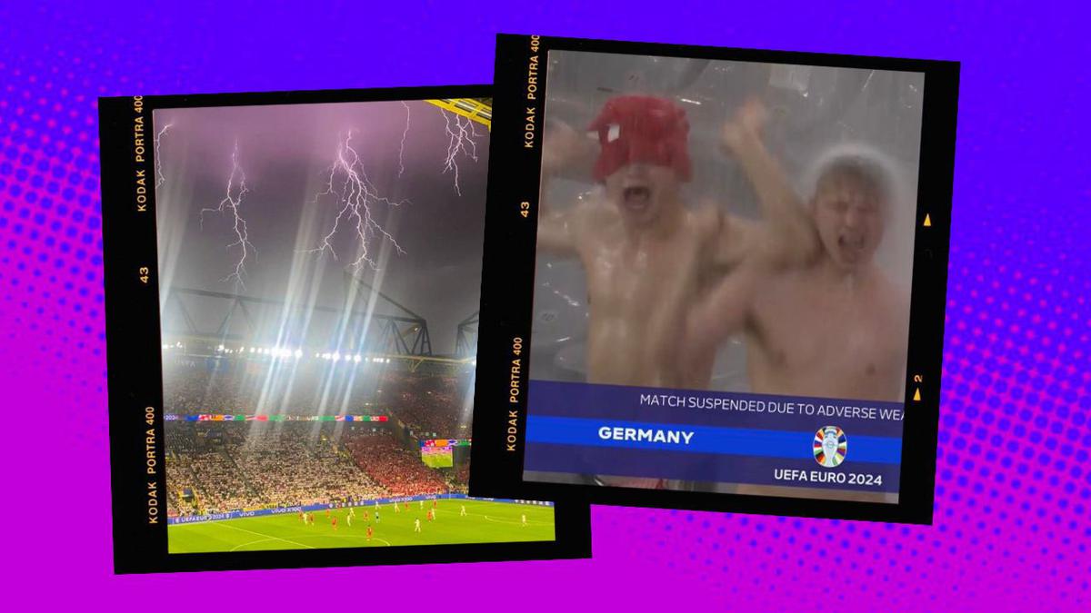 El juego Alemania vs. Dinamarca se detuvo por unos minutos. | Algunos fans decidieron jugar con una cascada artificial. | Foto: Especial