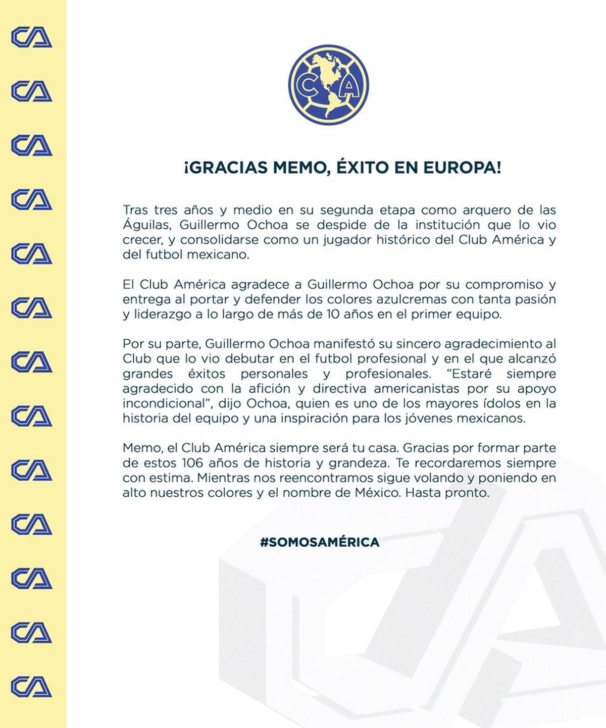  | El Club América confirmó la salida de Ochoa con un comunicado.