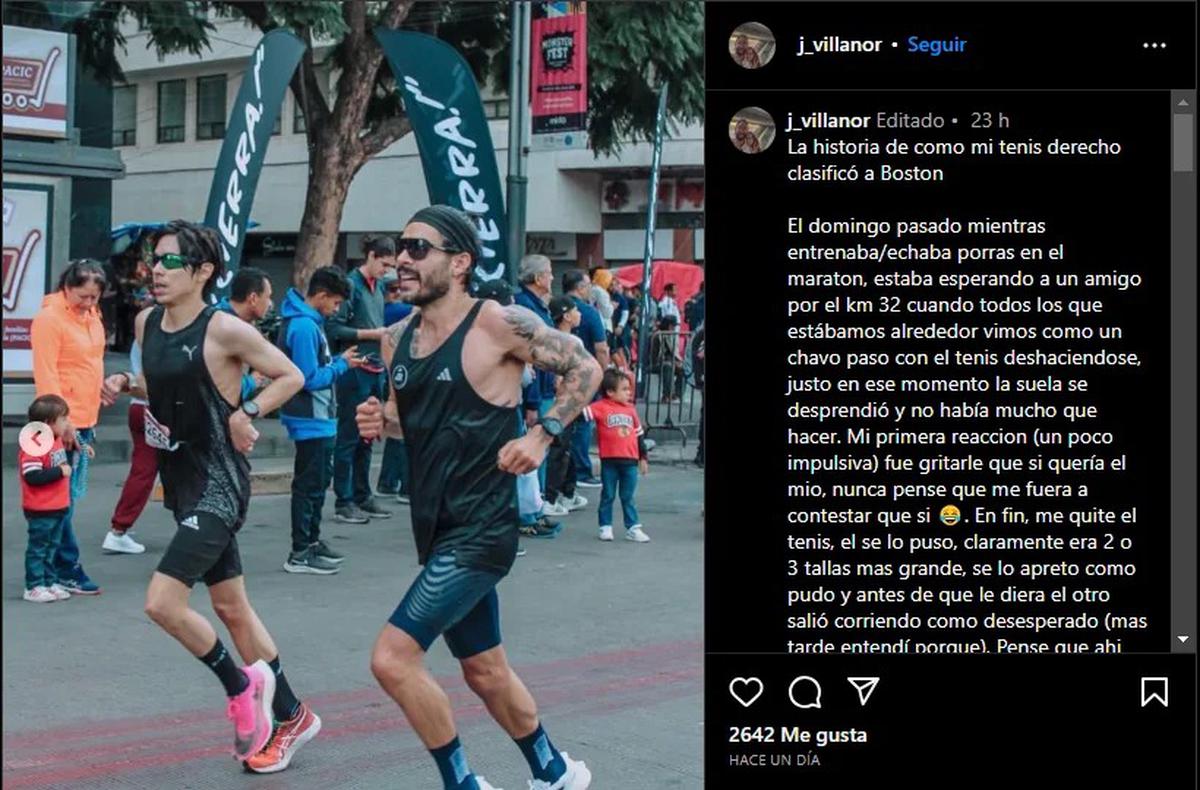 Maratón CDMX | Un espectador le prestó los tenis a un participante y consiguió la marca para clasificar a Boston. Crédito: Instagram J_Villanor.
