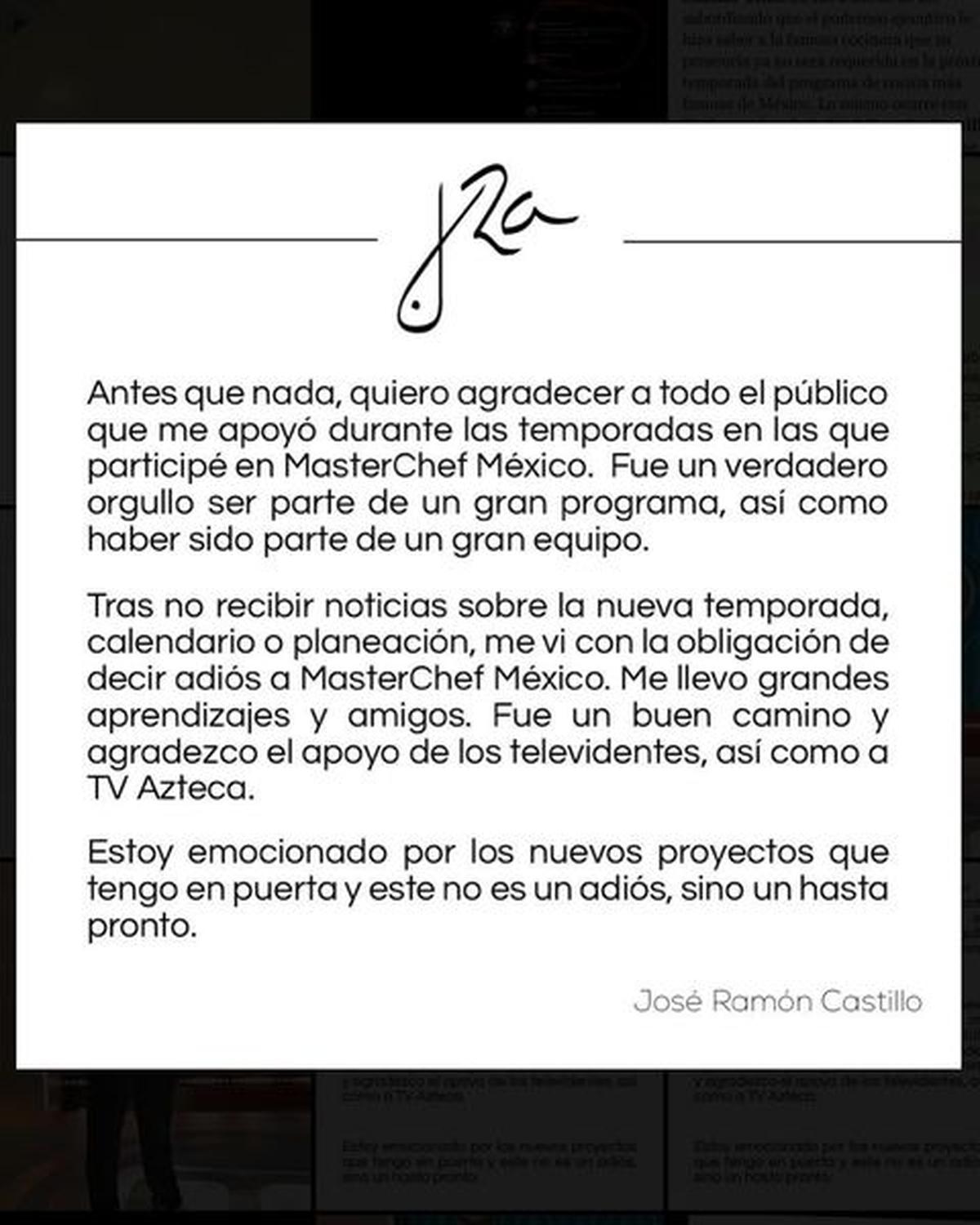  | José Ramón Castillo confirmó su salida de MasterChef con un comunicado.