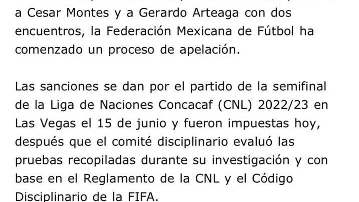 Este es el comunicado de la Concacaf donde avalan la suspensión de César Montes y Gerardo Arteaga. | Foto: Mexsport