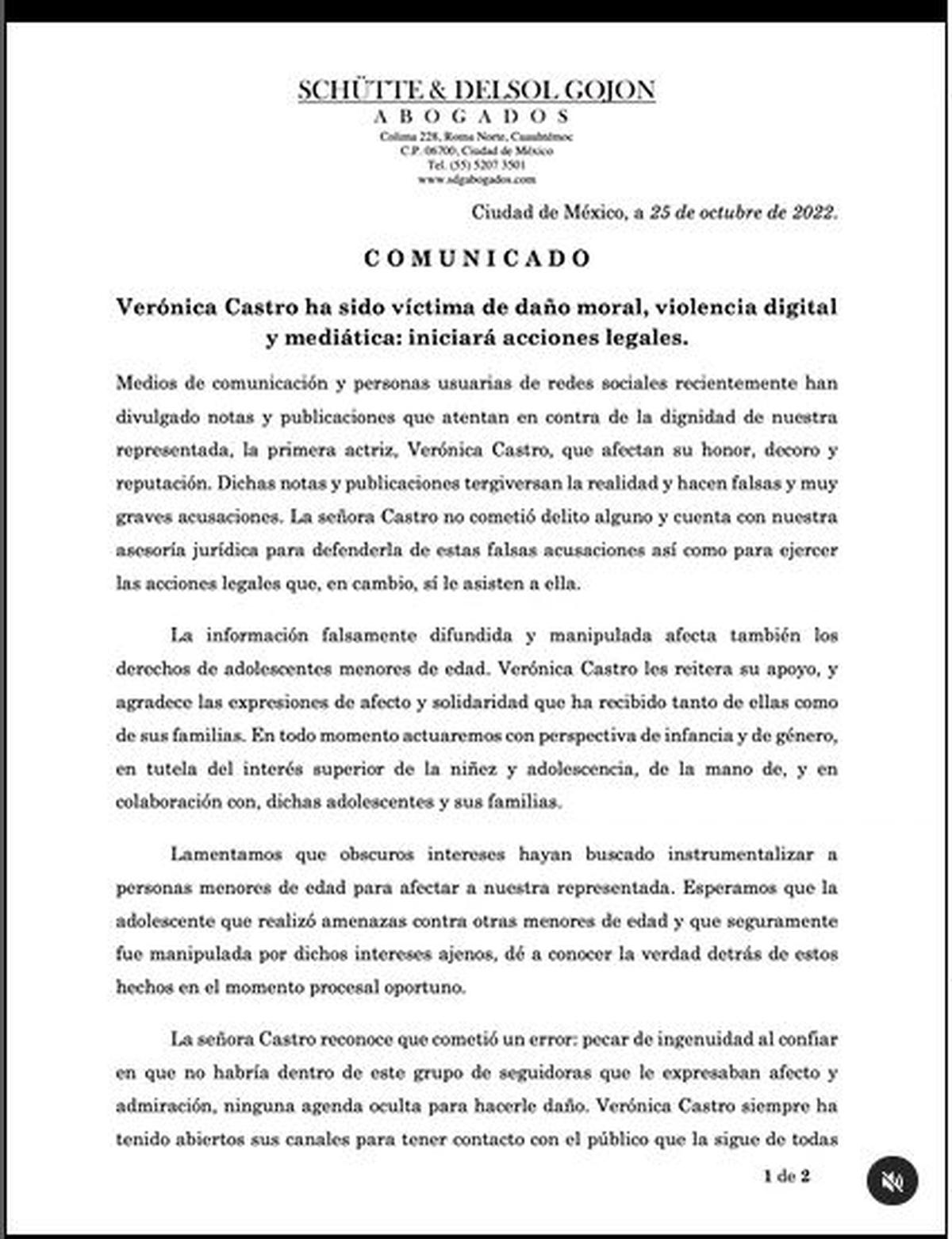  | Verónica Castro lanzó un comunicado para defenderse de las acusaciones en su contra.