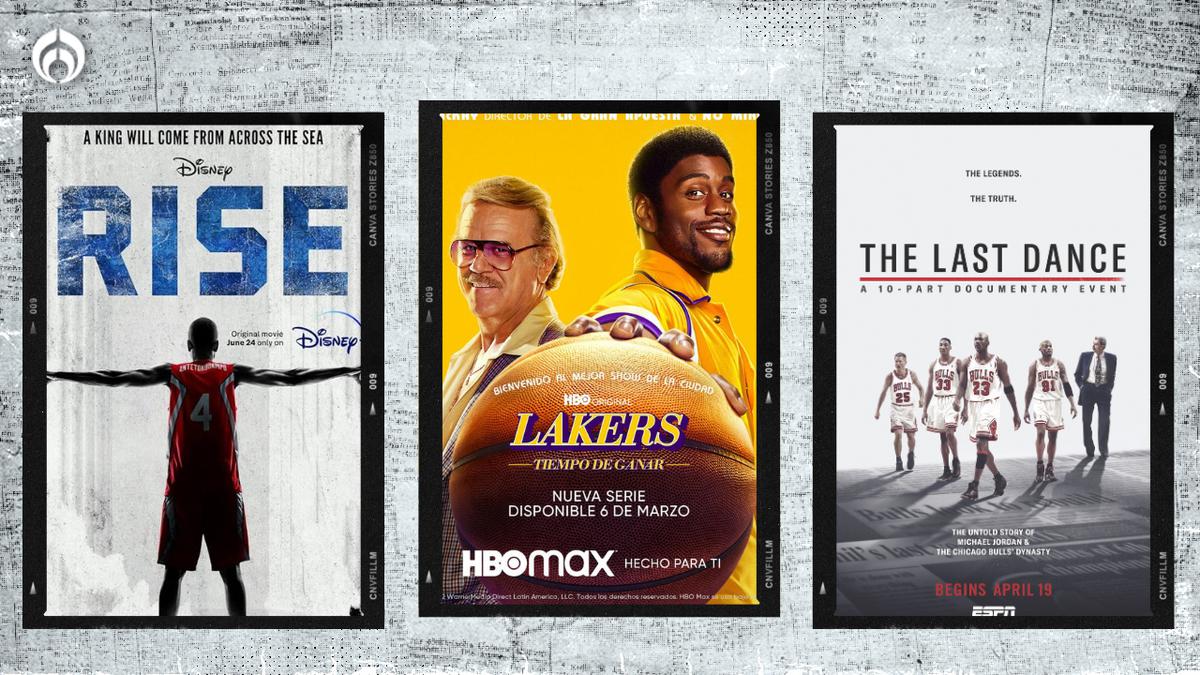 Posters series de basquetbol. | Poster de Rise, Lakers:Tiempo de ganar y The Last Dance. (Disney +, HBO Max y Netflix)