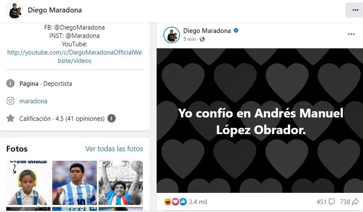 Maradona | Uno de los posteos se hizo en apoyo al Presidente Andrés Manuel López Obrador. | Foto: Especial