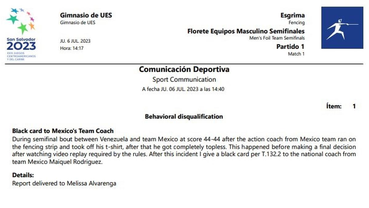 Este es el comunicado donde expulsan al equipo mexicano de esgrima por comportamiento indebido de un entrenador. | Foto: Especial