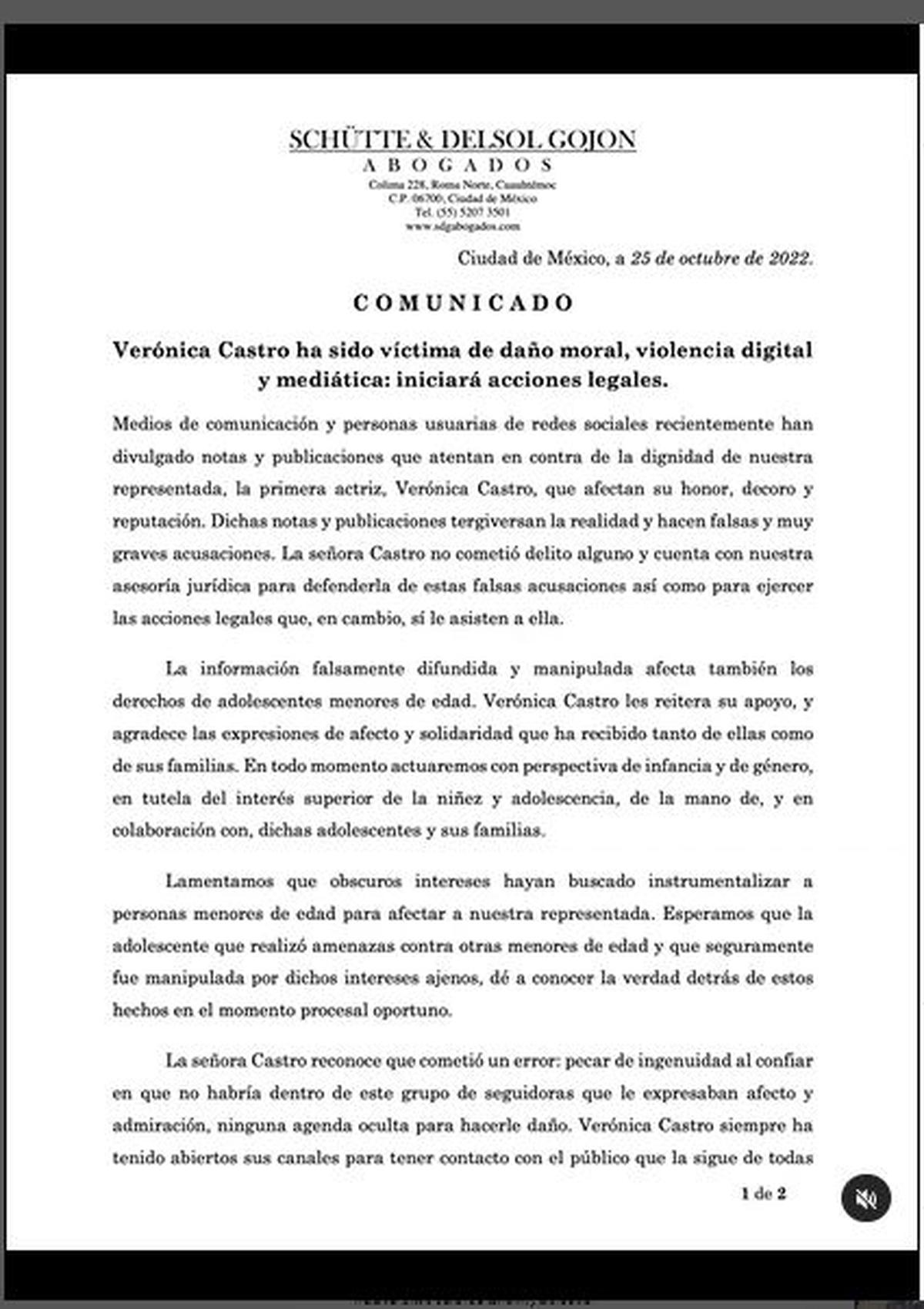  | Verónica Castro lanzó un comunicado amenazando con demandar.