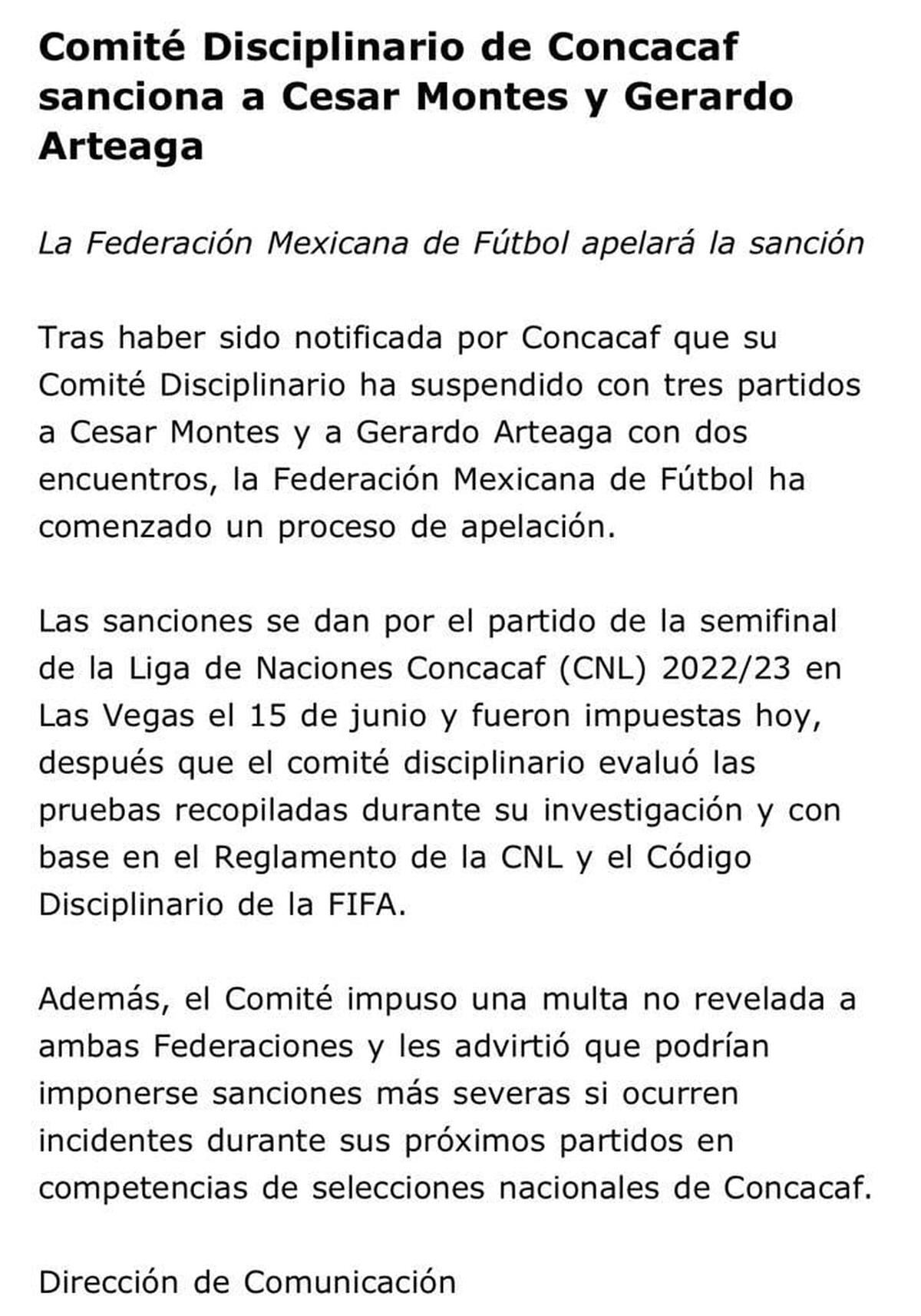 Concacaf | Este es el comunicado de la Concacaf donde avalan la suspensión de César Montes y Gerardo Arteaga. | Foto: Mexsport