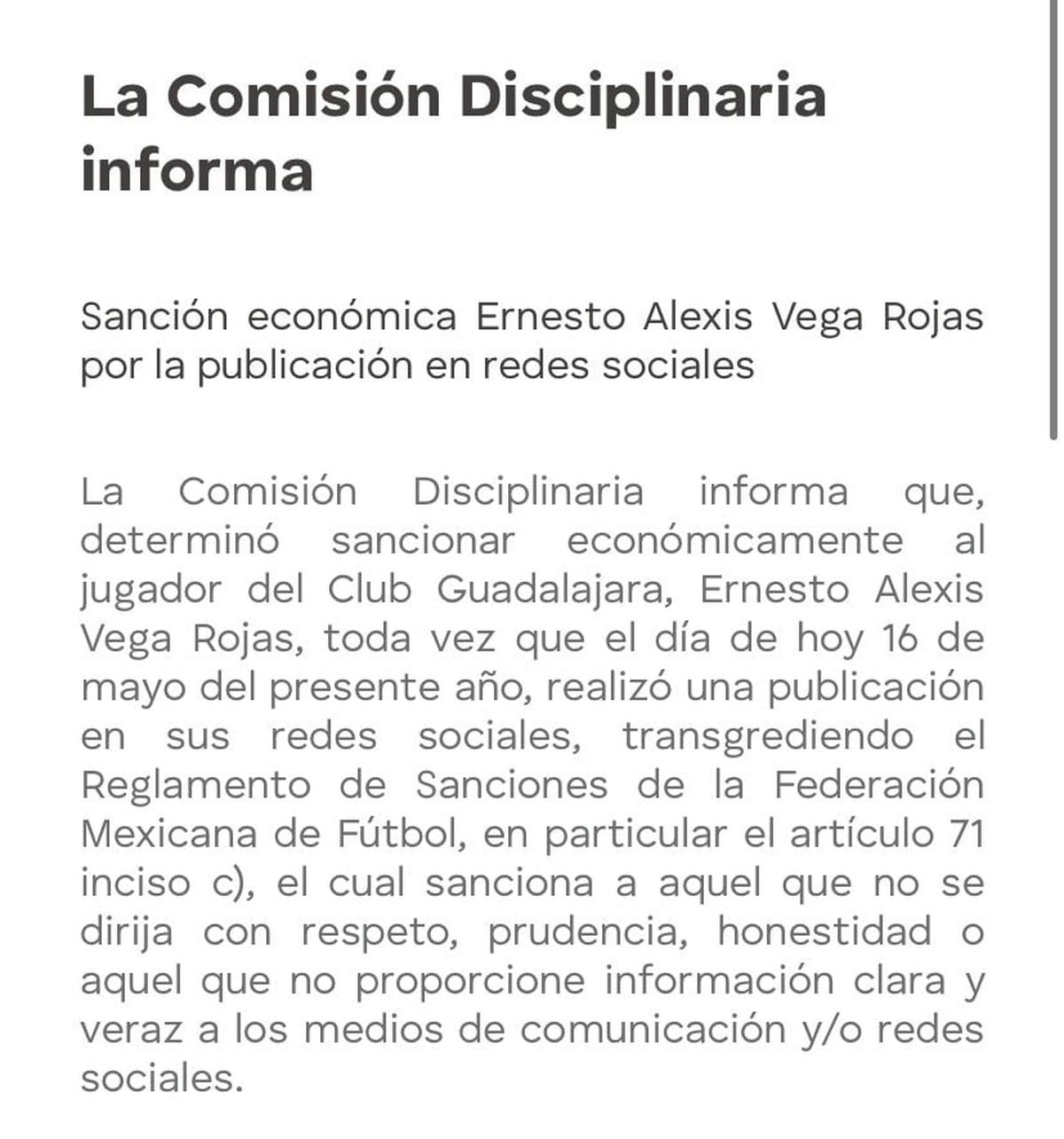  | Alexis Vega fue sancionado por la comisión disciplinaria. | Foto: Especial