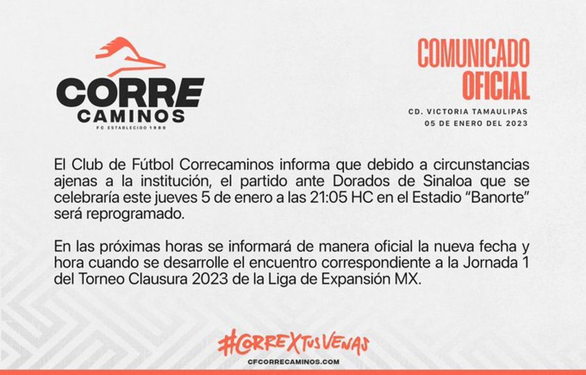  | Correcaminos envió un comunicado para informar la suspensión del partido de hoy.