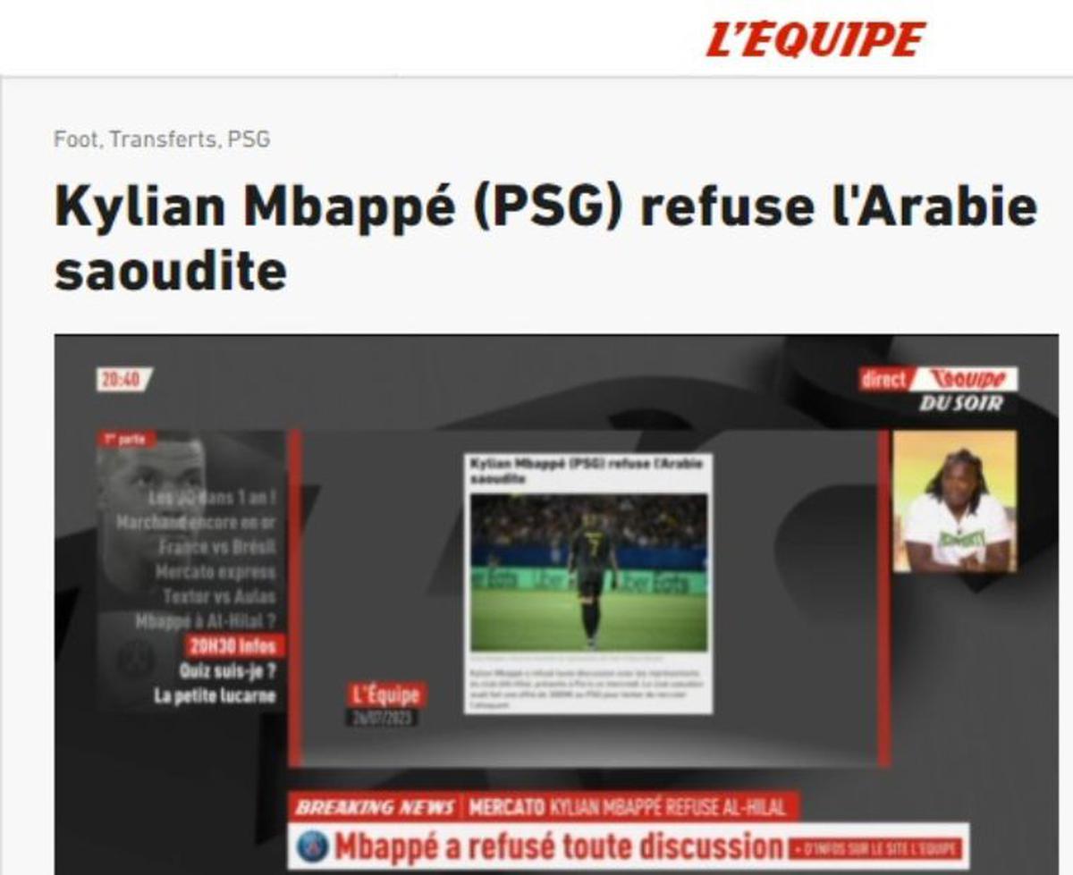 La confirmación de L'Equipe. | El sitio francés aseguró que Mbappé rechazó a los saudíes.