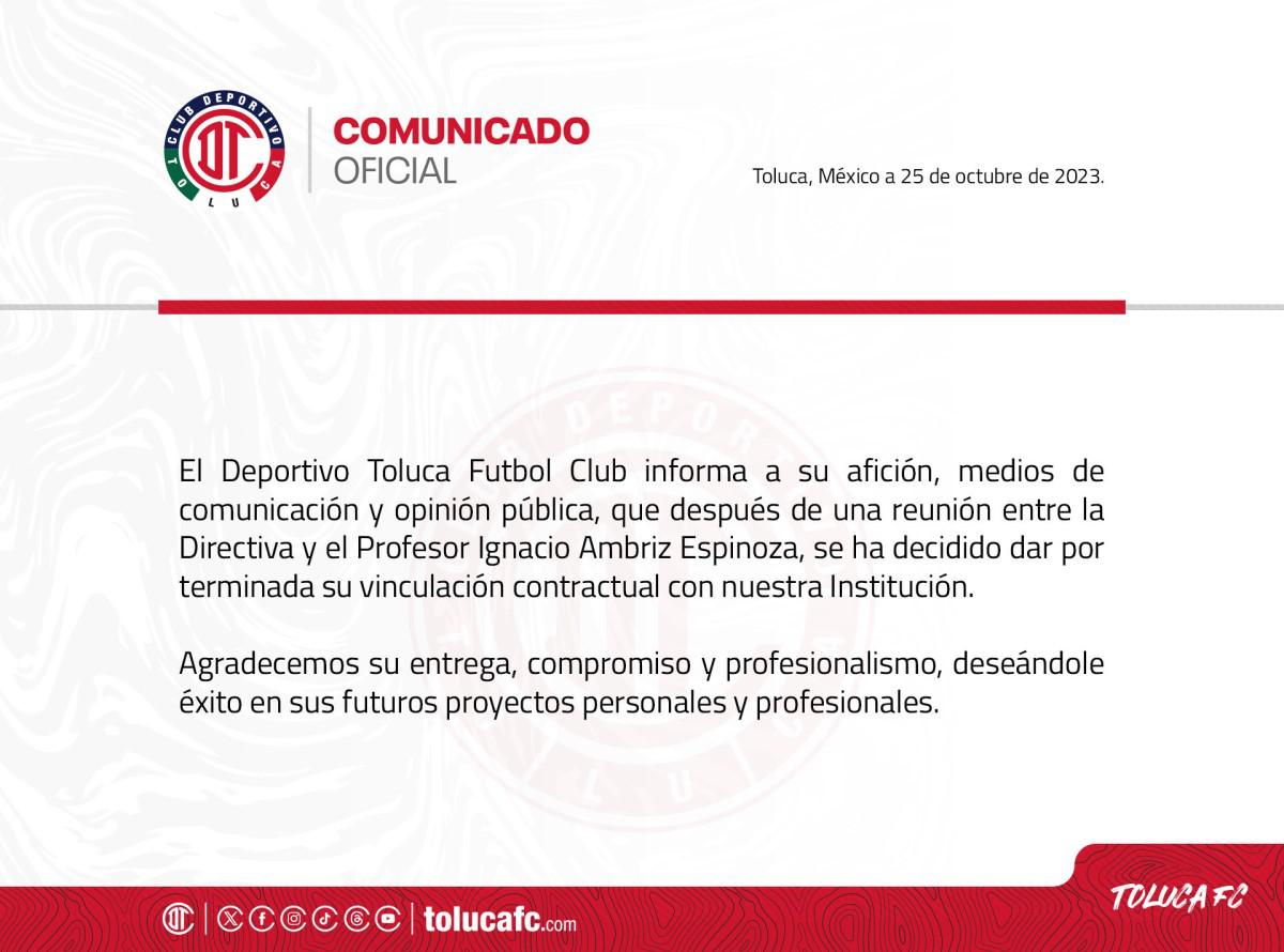 Toluca informó del cese de Nacho Ambriz en un comunicado. | Especial